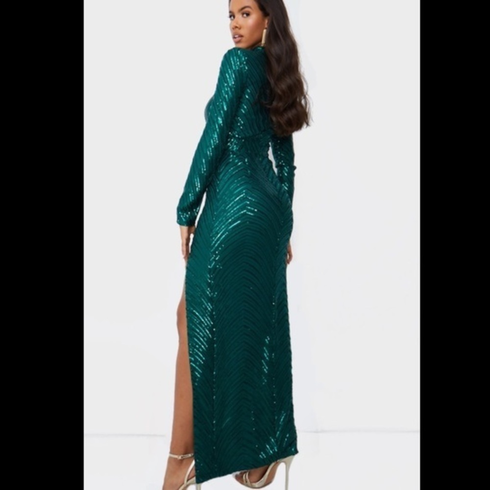 Emerald Green Patterned Sequin High Neck Maxi Pro… - image 4